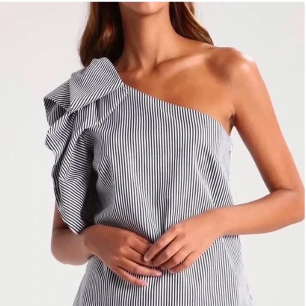Banana Republic One Shoulder Ruffle Top Navy White Striped Blouse Size 0